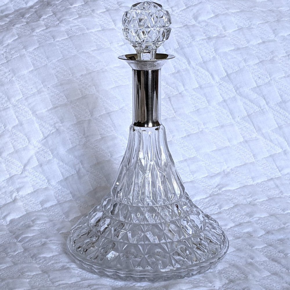 VTG Lead Crystal Cut Glass Silver Plated Top Ship Captain's Decanter & Stopper